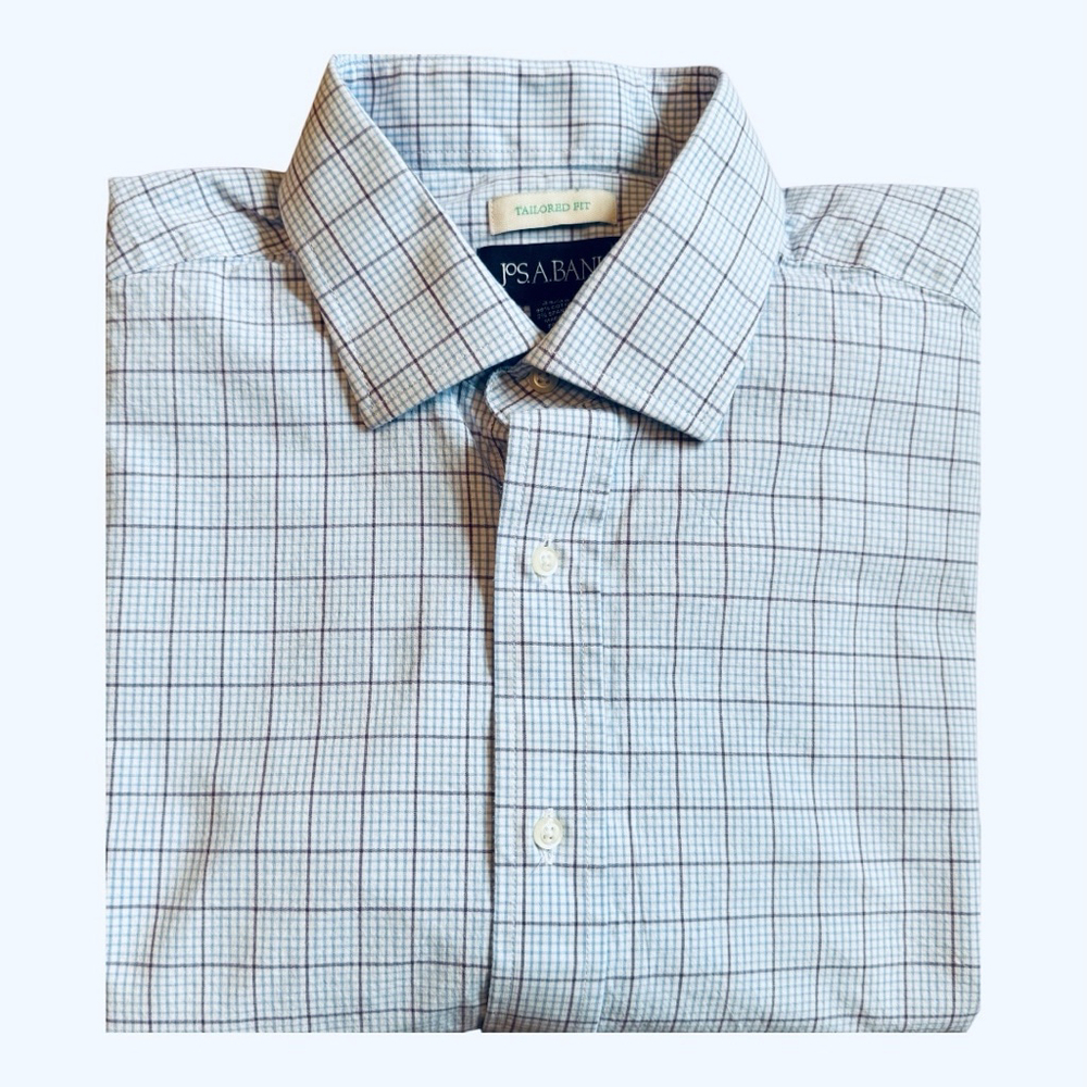 EUC Men Jos. A. Bank Dress Shirt 17 1/2 34/35 Blue Plaid Tailored Fit